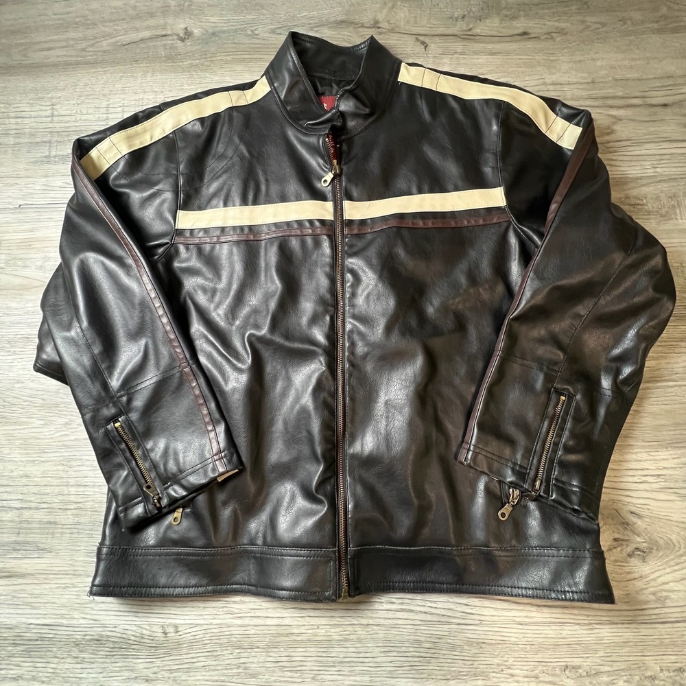 Machine Cafe Racer Jacket Mens Medium Black Faux Leather Cream Stripe Biker Moto